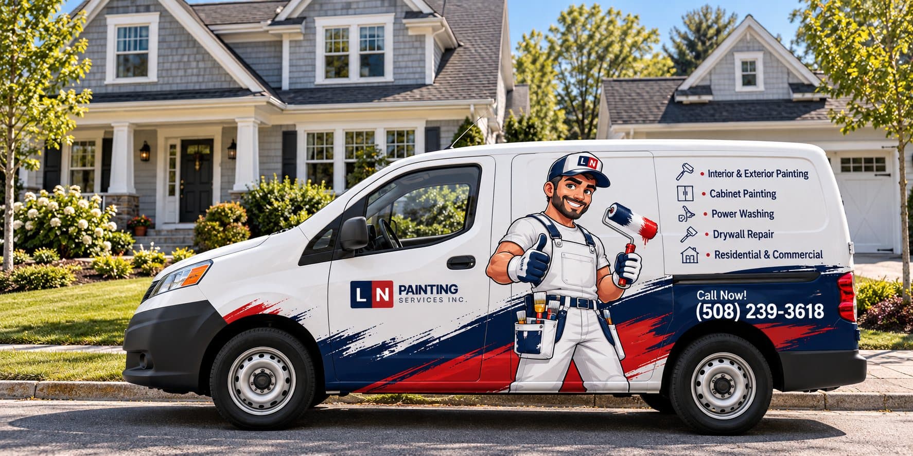 The branded LN Painting Services van parked outside a suburban home
